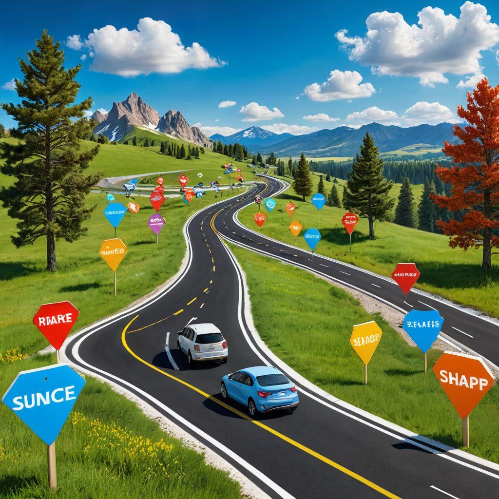 A detailed roadmap winding through a vibrant landscape, symbolizing the journey to savings, with auto insurance icons like shields and discounts scattered along the way. Include a car with a happy family inside, representing peace of mind. The sky should be bright and cheerful, radiating optimism, and the roadside should feature signs indicating various discount types. super-realistic. vibrant colors. 3D.