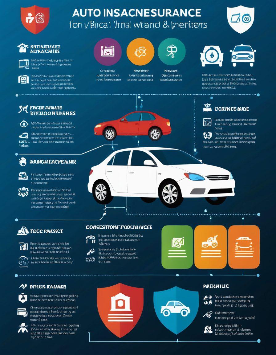 A detailed infographic showcasing various auto insurance policies, with icons representing coverage types like collision, liability, and comprehensive. Include a flowchart illustrating how premiums are calculated, surrounded by a car, calculator, and shield symbols for protection. Use contrasting colors to highlight key information and make it visually engaging. modern illustration. vibrant colors. clean layout.