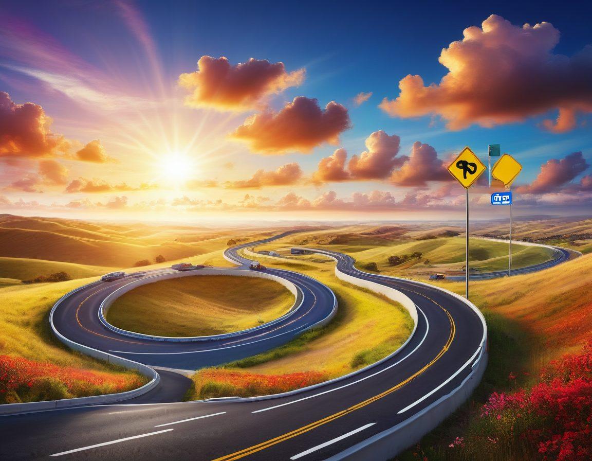 A winding road stretching into the horizon, flanked by signs illustrating collision coverage, premium savings, and assorted car insurance symbols. Include diverse drivers of different ethnicities happily driving their vehicles, emphasizing a sense of security and satisfaction. The sky is bright with a mix of sun and clouds, suggesting a journey towards a brighter financial future. super-realistic. vibrant colors. dynamic composition.